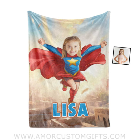 Blankets Personalized Super Girl Jumping On The Roof Blanket | Custom Name & Face Girl Blanket