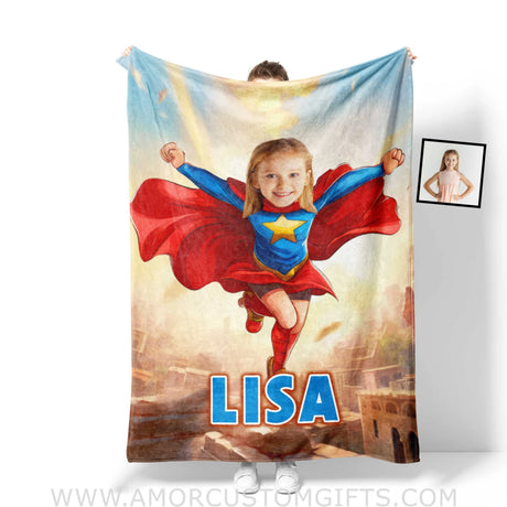 Blankets Personalized Super Girl Jumping On The Roof Blanket | Custom Name & Face Girl Blanket