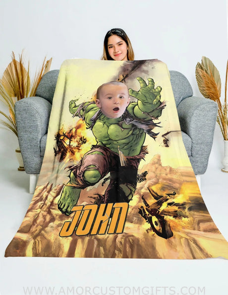 Blankets Personalized Superhero Baby Green Hulk 7 Boy Blanket | Custom Face & Name Blanket For Boys