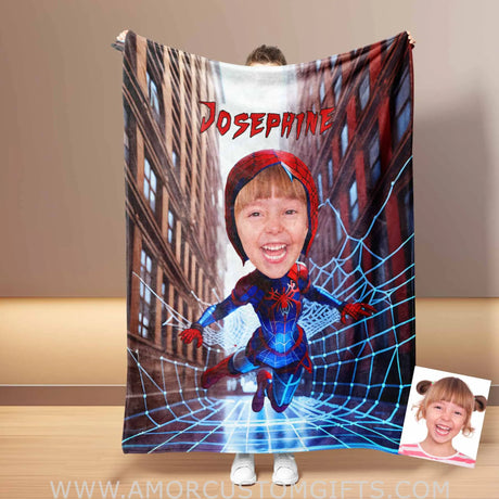 Blankets Personalized Superhero Baby Spider Girl 5 NewYork Building Blanket | Custom Face & Name Superhero Girl Blanket
