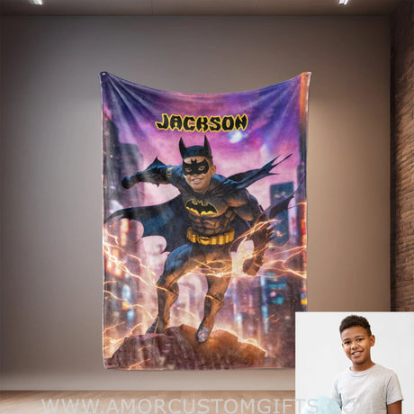 Blankets Personalized Superhero Bat Boy Hero 12 Blanket | Custom Face & Name Blanket For Boys