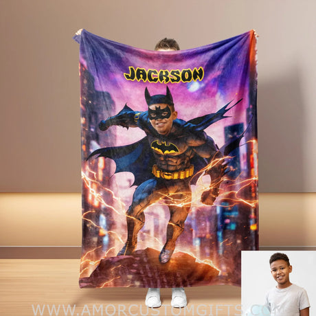 Blankets Personalized Superhero Bat Boy Hero 12 Blanket | Custom Face & Name Blanket For Boys