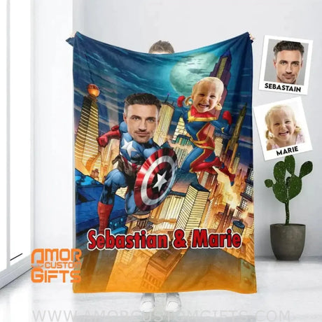 Blankets Personalized Superhero Captain America Wonder Woman Father Daughter Blanket | Custom Father&Daughter Blanket