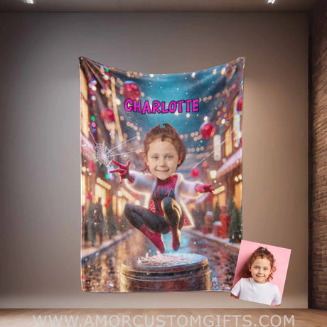 Blankets Personalized Superhero Ghost Spider Girl 2 Blanket | Custom Face & Name Superhero Girl Blanket