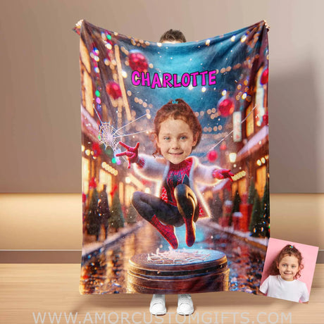 Blankets Personalized Superhero Ghost Spider Girl 2 Blanket | Custom Face & Name Superhero Girl Blanket