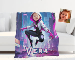 Blankets Personalized Superhero Pink Ghost Spider Girl Gwen Blanket | Custom Name & Face Girl Blanket