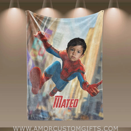 Blankets Personalized Superhero Spider Boy Shoot Silk Blanket | Custom Face & Name Superhero Boy Blanket