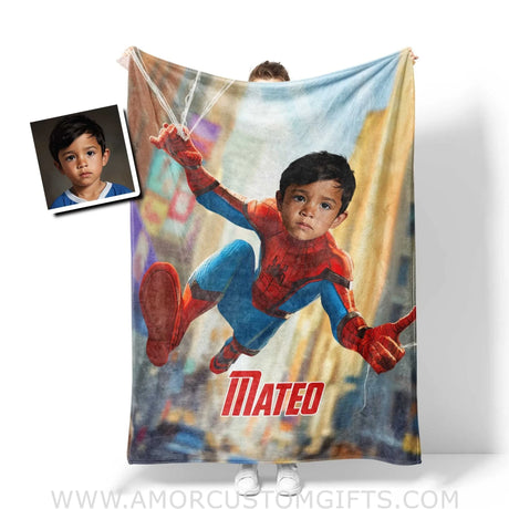 Blankets Personalized Superhero Spider Boy Shoot Silk Blanket | Custom Face & Name Superhero Boy Blanket