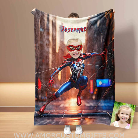 Blankets Personalized Superhero Spider Girl 4 NewYork Building Blanket | Custom Face & Name Superhero Girl Blanket
