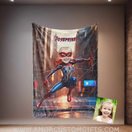Blankets Personalized Superhero Spider Girl 4 NewYork Building Blanket | Custom Face & Name Superhero Girl Blanket