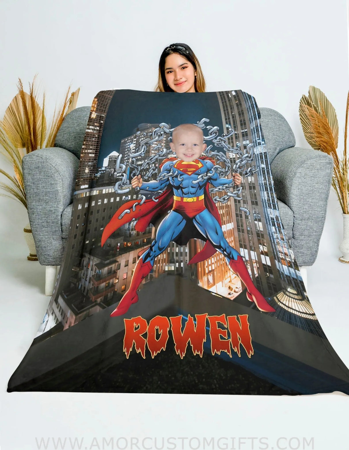 Blankets Personalized Superhero Super Boy In Tower Blanket | Custom Face & Name Superhero Boy Blanket