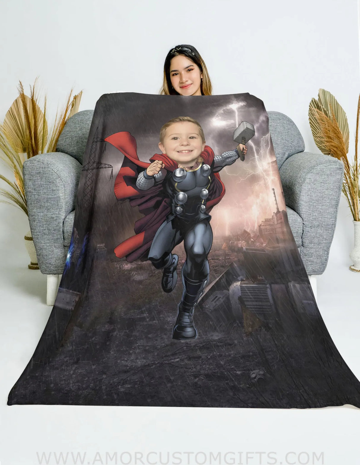 Blankets Personalized Superhero Thunder Thor 7 Boy Blanket | Custom Face & Name Blanket For Boys