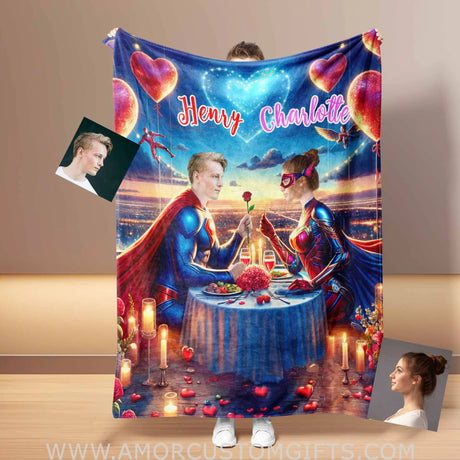 Blankets Personalized Superheroes Couple 1 Blanket | Custom Face & Name Man Woman Blanket