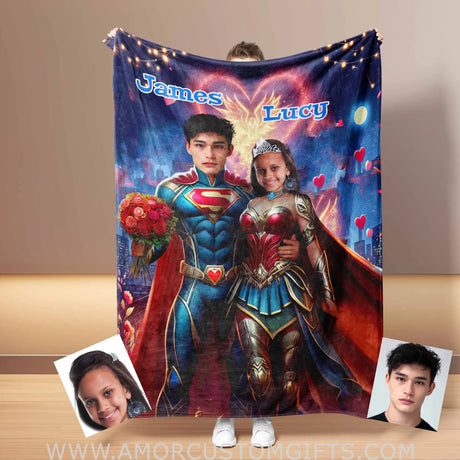 Blankets Personalized Superheroes Couple 2 Blanket | Custom Face & Name Couple Blanket