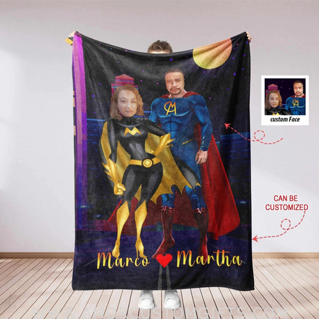 Blankets Personalized Superheroes Couple Blanket | Custom Face & Name Man Woman Blanket