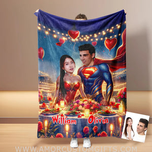 Blankets Personalized Superheroes Couple Love Party Blanket | Custom Face & Name Couple Blanket