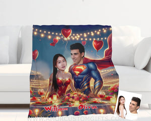 Blankets Personalized Superheroes Couple Love Party Blanket | Custom Face & Name Couple Blanket