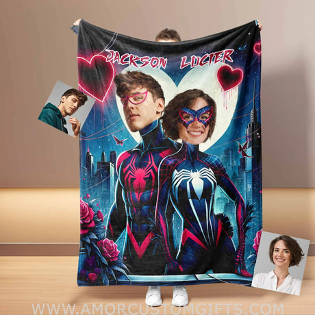 Blankets Personalized Superheroes Spiderman Couple 2 Blanket | Custom Face & Name Couple Blanket
