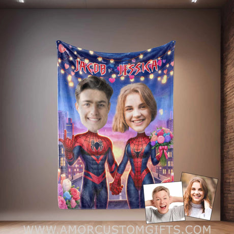 Blankets Personalized Superheroes Spiderman Couple 3 Blanket | Custom Face & Name Couple Blanket