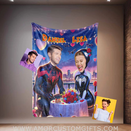 Blankets Personalized Superheroes Spiderman Couple 4 Blanket | Custom Face & Name Couple Blanket
