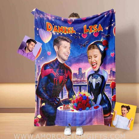 Blankets Personalized Superheroes Spiderman Couple 4 Blanket | Custom Face & Name Couple Blanket