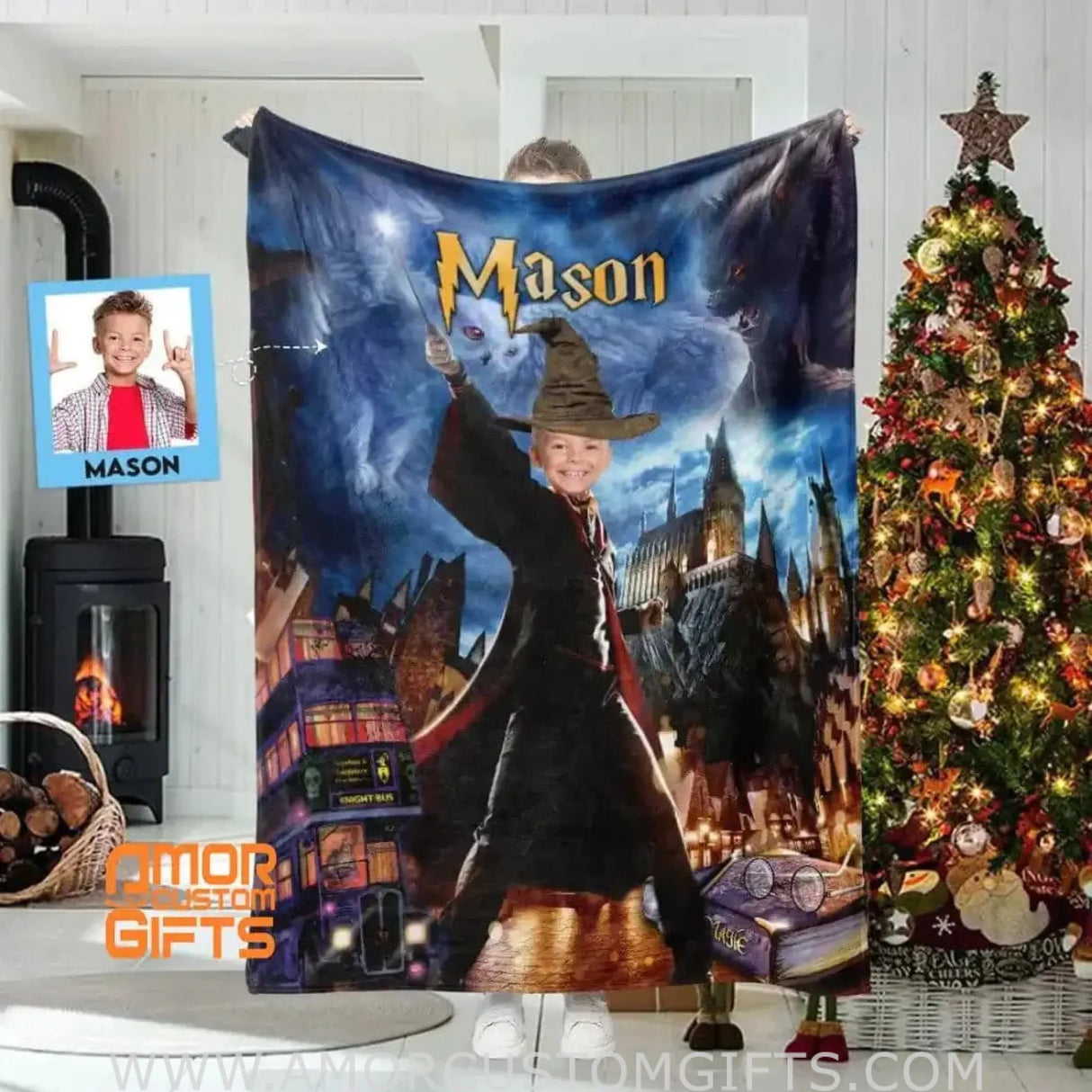 Blankets Personalized The Wizard Boy Magic Halloween Blanket | Custom Face & Name Halloween Blanket For Boys