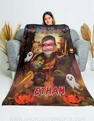Blankets Personalized Turtle Ninja Halloween Blanket | Custom Face & Name Halloween Blanket For Boys