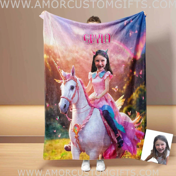 open lace back dress Personalized Unicorn Girl 2 Pink Dress Rainbow Photo Blanket | Custom Name  & Face Girl Princess Blanket
