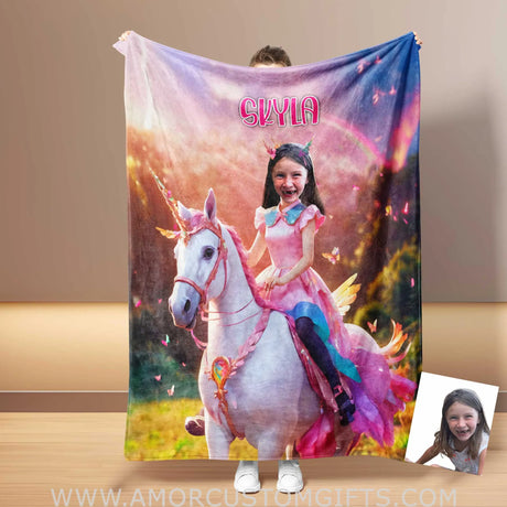 Blankets Personalized Unicorn Girl 2 Pink Dress Rainbow Photo Blanket | Custom Name & Face Girl Princess Blanket