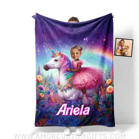 Blankets Personalized Unicorn Girl Brown Barbie Princess In Pink Blanket | Custom Name & Face Girl Blanket