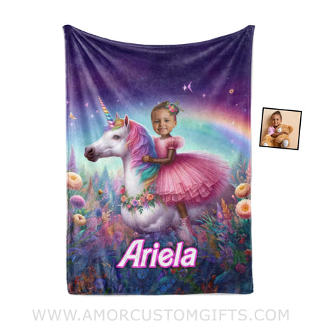 Blankets Personalized Unicorn Girl Brown Barbie Princess In Pink Blanket | Custom Name & Face Girl Blanket