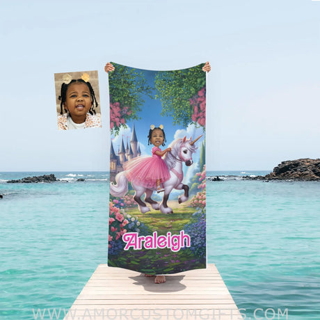 Towels Personalized Unicorn Girl Photo Beach Towel | Customized Brown Barbie Girl In Pink Beach Towel
