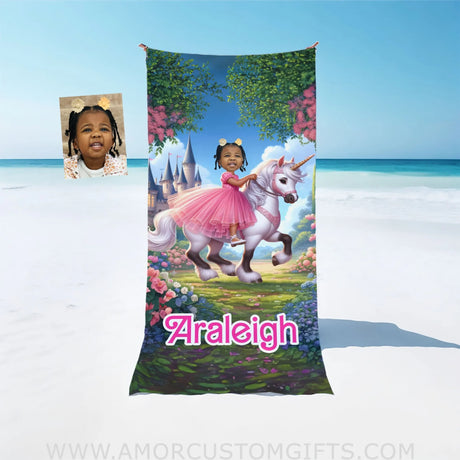 Towels Personalized Unicorn Girl Photo Beach Towel | Customized Brown Barbie Girl In Pink Beach Towel
