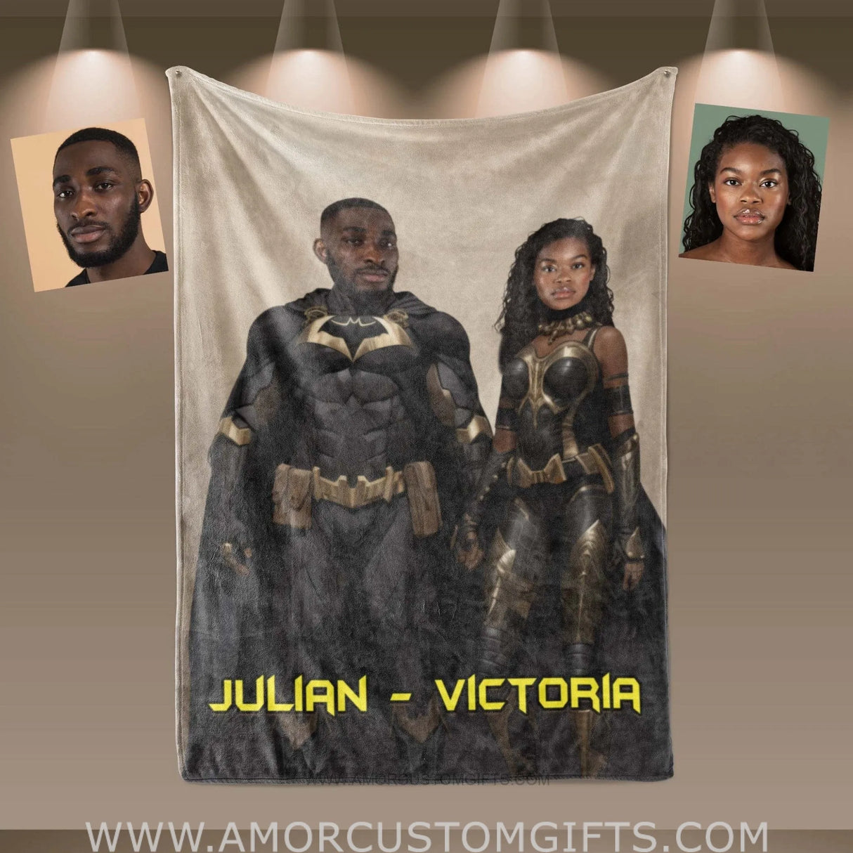 Blankets Personalized Valentine Day's African American Batman Blanket | Custom Face & Name Couple Blanket
