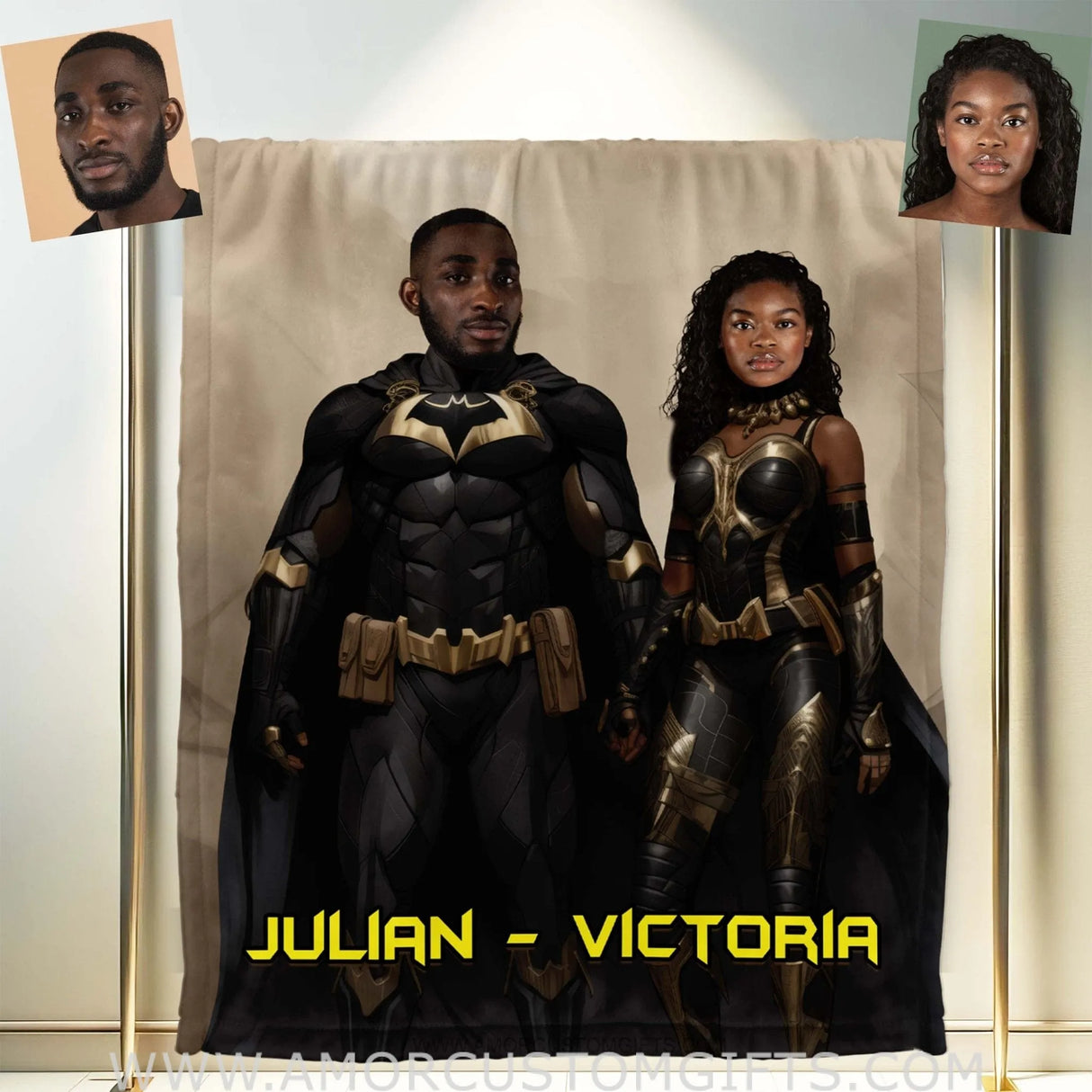 Blankets Personalized Valentine Day's African American Batman Blanket | Custom Face & Name Couple Blanket