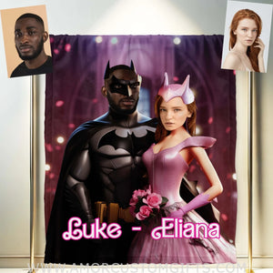 Blankets Personalized Valentine Day's Batman Barbi 3 Blanket | Custom Face & Name Couple Blanket