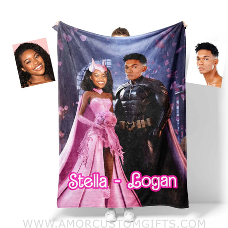 Blankets Personalized Valentine Day's Batman Barbi Blanket | Custom Face & Name Couple Blanket