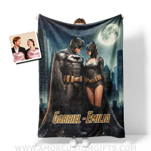 Blankets Personalized Valentine Day's Batman Batgirl Blanket | Custom Face & Name Couple Blanket