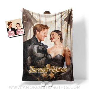 Blankets Personalized Valentine Day's Batman Girl Wedding Blanket | Custom Face & Name Couple Blanket