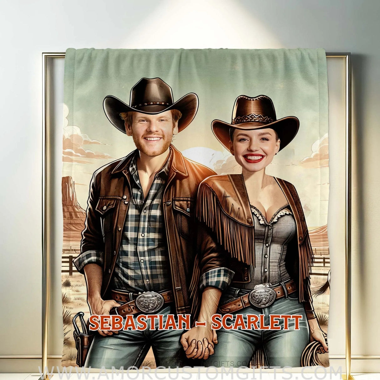 Blankets Personalized Valentine Day's Cowboy Couple At Love Farm Blanket | Custom Face & Name Couple Blanket