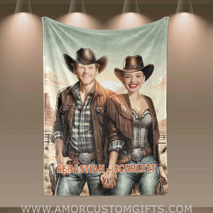 Blankets Personalized Valentine Day's Cowboy Couple At Love Farm Blanket | Custom Face & Name Couple Blanket