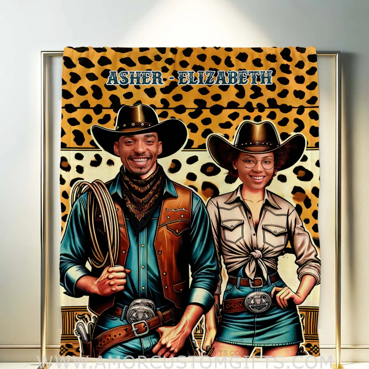 Blankets Personalized Valentine Day's Cowboy Couple Blanket | Custom Face & Name Couple Blanket