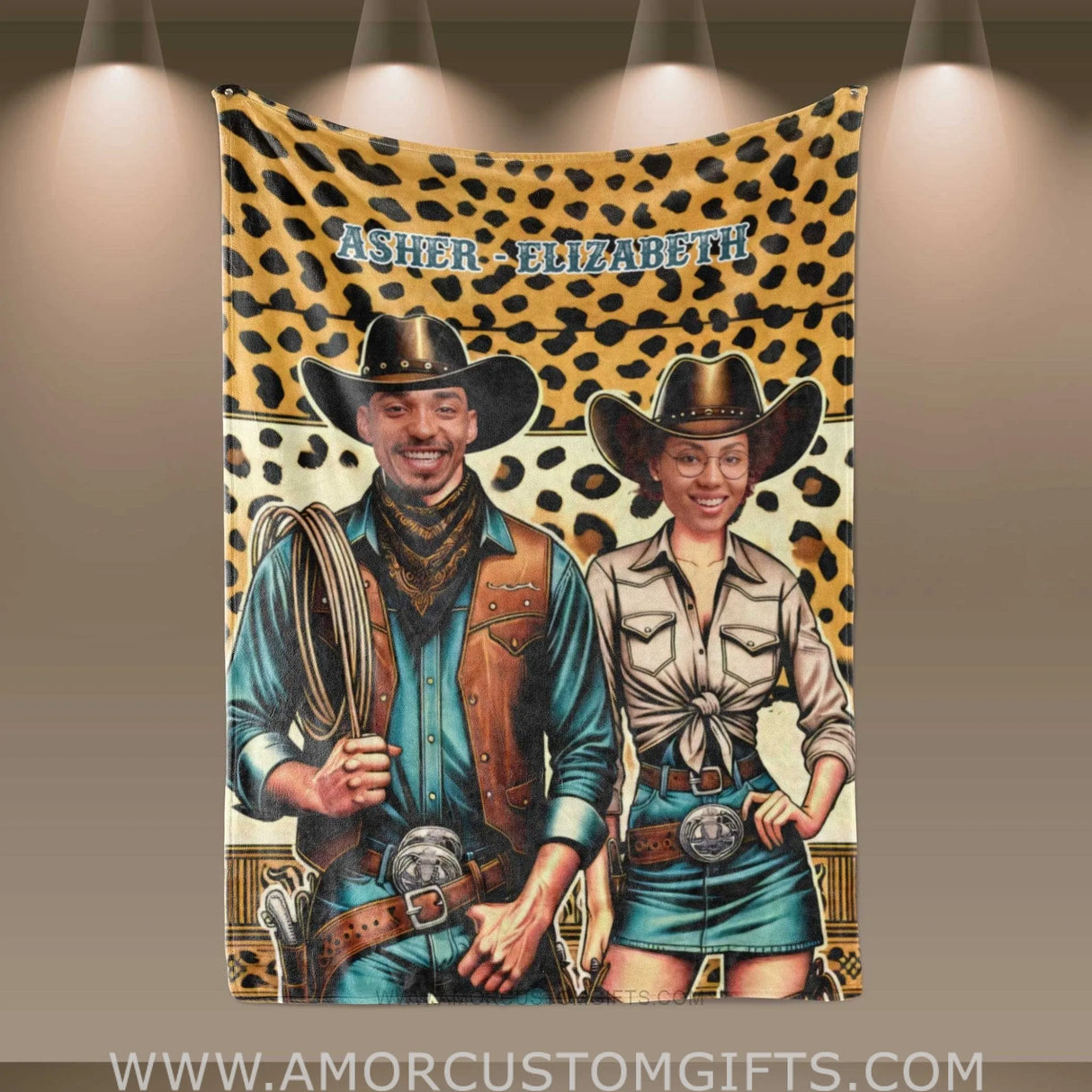 Blankets Personalized Valentine Day's Cowboy Couple Blanket | Custom Face & Name Couple Blanket