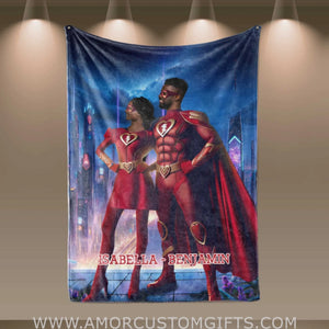 Blankets Personalized Valentine Day's Red Superhero Flash Couple In Vivid City Blanket | Custom Face & Name Couple Blanket