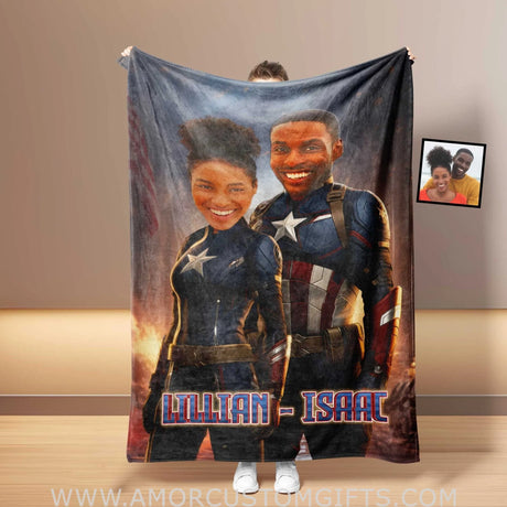Blankets Personalized Valentine's Day Captain America Couple Blanket | Custom Face & Name Couple Blanket