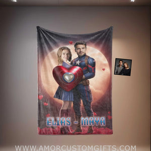 Blankets Personalized Valentine's Day Captain America Couple Love Moon Blanket | Custom Face & Name Couple Blanket