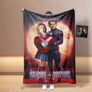 Blankets Personalized Valentine's Day Captain America Couple Love Moon Blanket | Custom Face & Name Couple Blanket