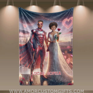 Blankets Personalized Valentine's Day Red Superhero Couple Love City Blanket | Custom Face & Name Couple Blanket