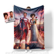 Blankets Personalized Valentine's Day Red Superhero Couple Love City Blanket | Custom Face & Name Couple Blanket