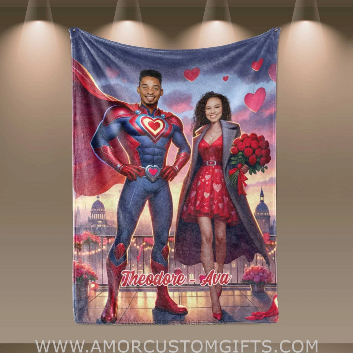 Blankets Personalized Valentine's Day Red Superman Couple Love City Blanket | Custom Face & Name Couple Blanket